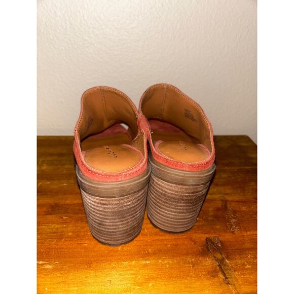 Lucky Brand Dalliey Burnt Henna Leather Suede Mules Open Toe Stacked 3" Heels - Picture 4 of 7